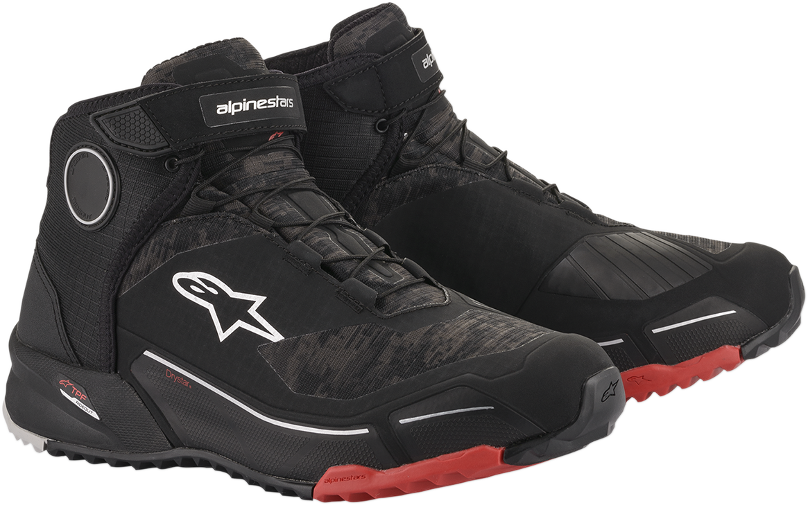 Alpinestars CR-X Drystar® motorcycle shoes in black camo and red, US size 9, featuring rugged design and protective material.