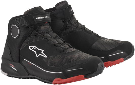 Alpinestars CR-X Drystar® motorcycle shoes in black camo and red, US size 9, featuring rugged design and protective material.