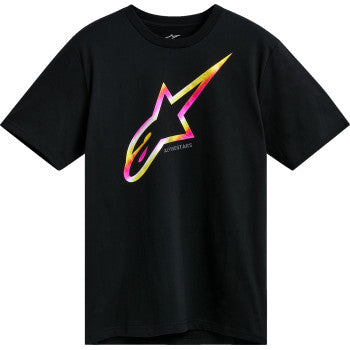 Black Alpinestars Omnium CSF T-Shirt in medium size, featuring the Alpinestars logo on the front, displayed flat.
