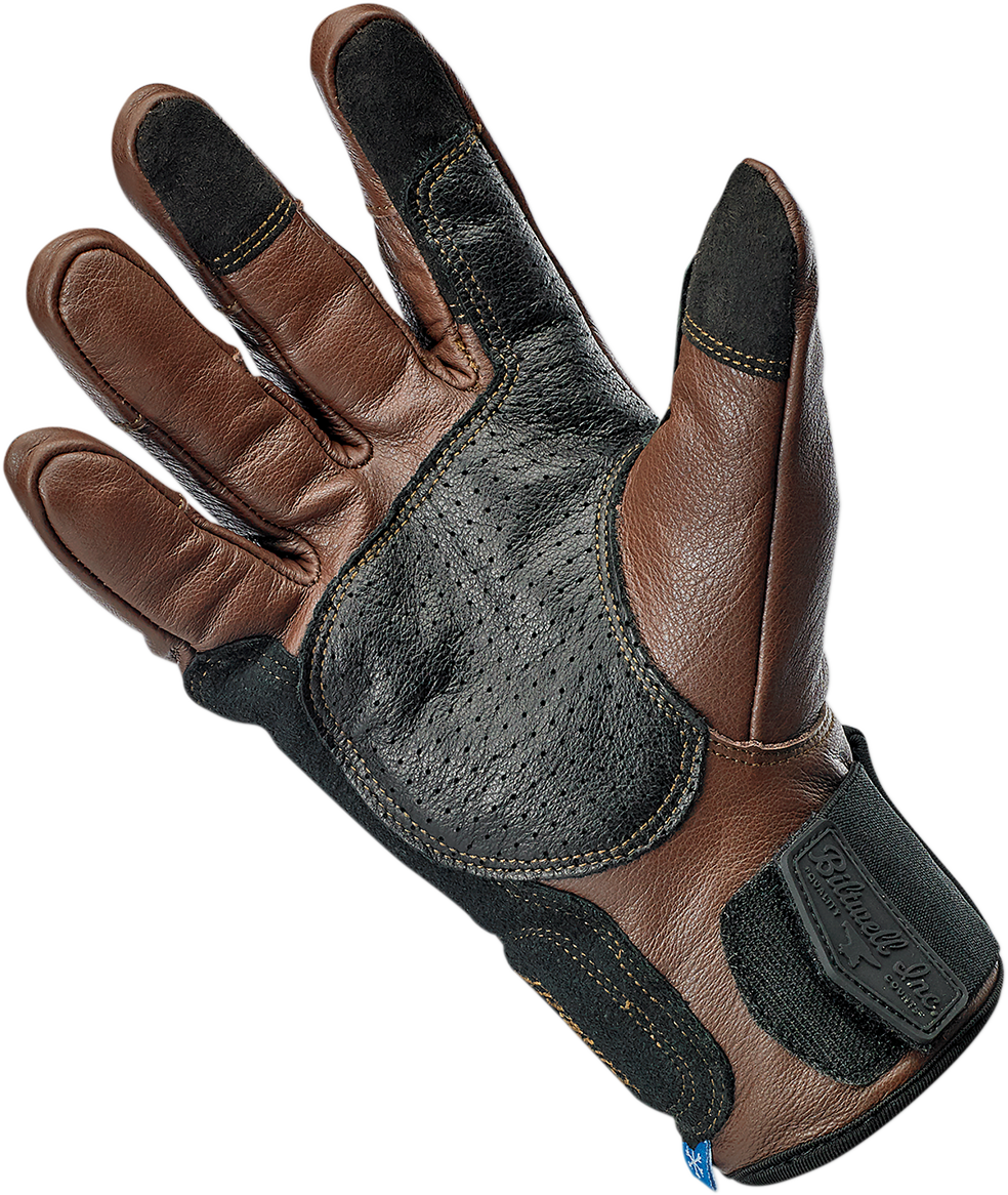 Bill's Exhausts BILTWELL Belden gloves in chocolate and black, large size, showing the textured leather design and stitching details.