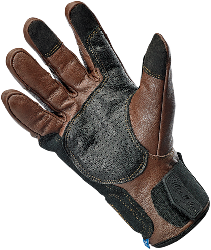 Bill's Exhausts BILTWELL Belden gloves in chocolate and black, large size, showing the textured leather design and stitching details.