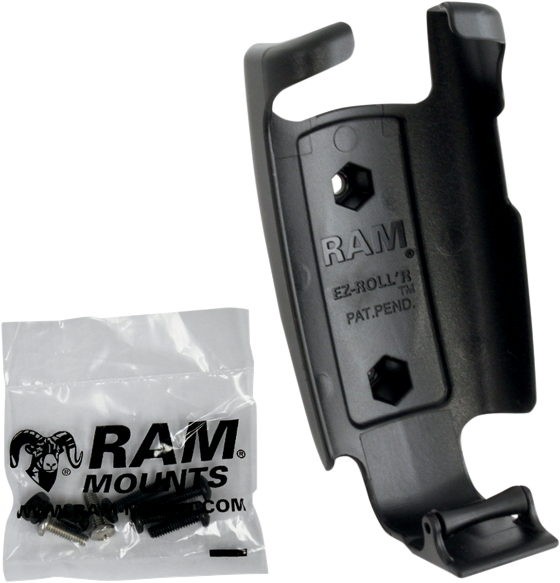 RAM-HOL-GA41U Garmin Map62 device cradle mounted on engine, with RAM mounts brand and Bill's Exhausts branding visible.