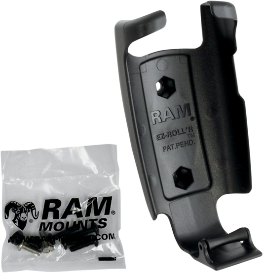 RAM-HOL-GA41U Garmin Map62 device cradle mounted on engine, with RAM mounts brand and Bill's Exhausts branding visible.