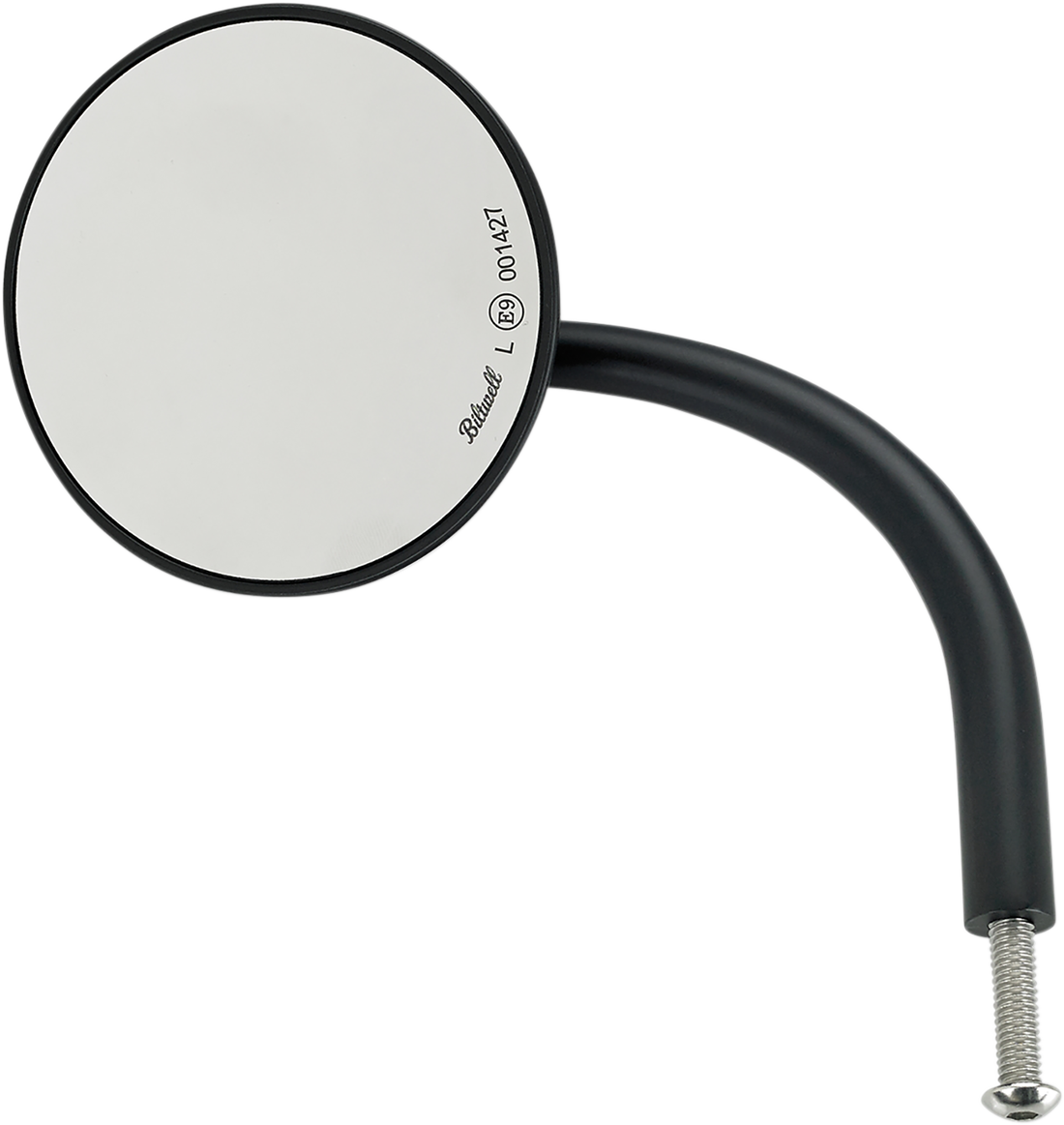 Round black BILTWELL mirror from Bill's Exhausts, showcasing the sleek, reflective surface and sturdy mounting arm.
