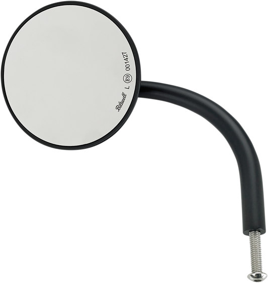 Round black BILTWELL mirror from Bill's Exhausts, showcasing the sleek, reflective surface and sturdy mounting arm.
