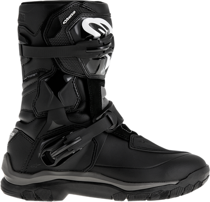 Black Alpinestars Belize Drystar® motorcycle boots in US 9 with rugged design and protective features, shown from the side.