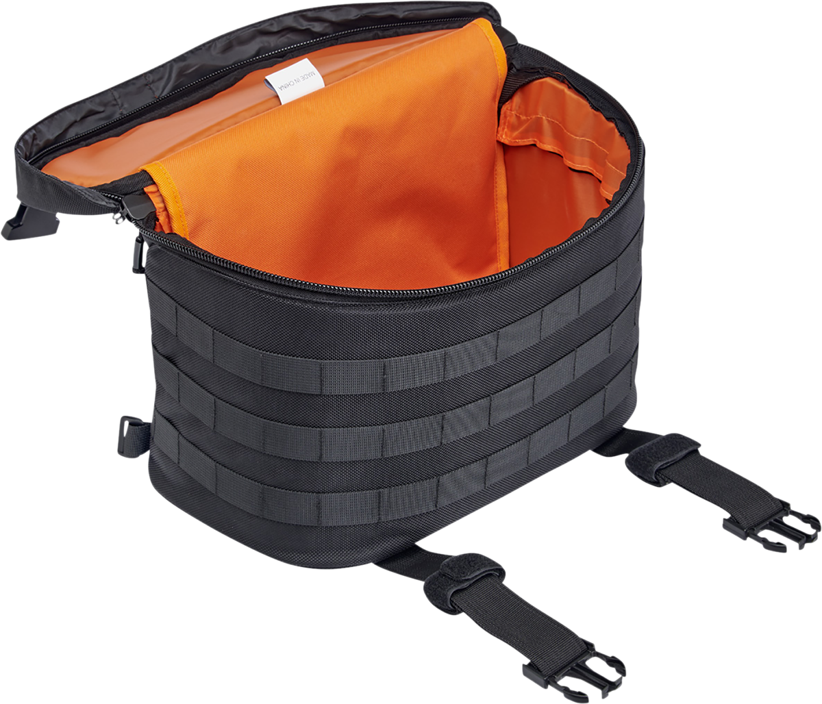 Black BILT WEL EXFIL-18 saddlebags by Bill's Exhausts, mounted on a motorcycle, with sleek leather design and metal hardware.