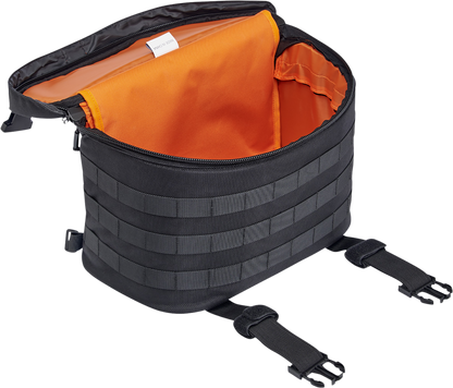 Black BILT WEL EXFIL-18 saddlebags by Bill's Exhausts, mounted on a motorcycle, with sleek leather design and metal hardware.