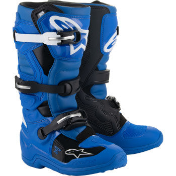 Alpinestars Youth Tech 7S motorcycle boots in blue, black, and white with protective features, US size 3.