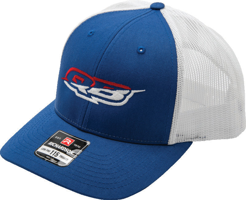 QuadBoss red and white Merica trucker hat with adjustable snapback, featuring patriotic design and mesh back for airflow.