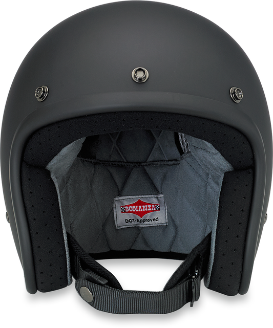 BILTWELL Bonanza helmet in flat black, XS size, showcasing a sleek motorcycle helmet with smooth matte finish and secure chin strap