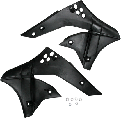Black ACERBIS radiator shrouds for body, designed for motorcycle customization, featuring a sleek, durable finish.
