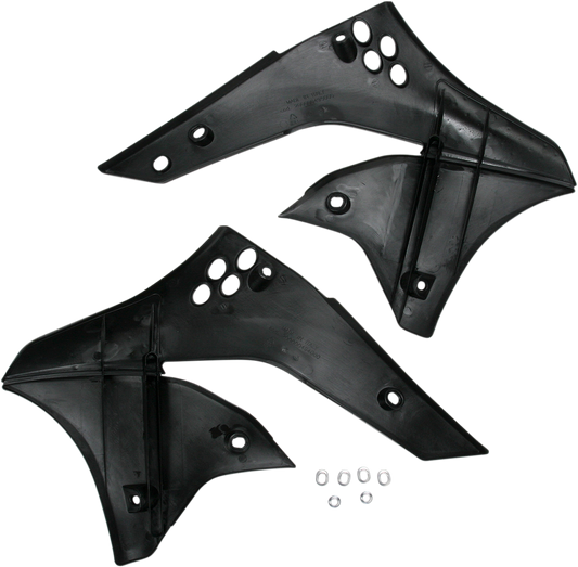 Black ACERBIS radiator shrouds for body, designed for motorcycle customization, featuring a sleek, durable finish.
