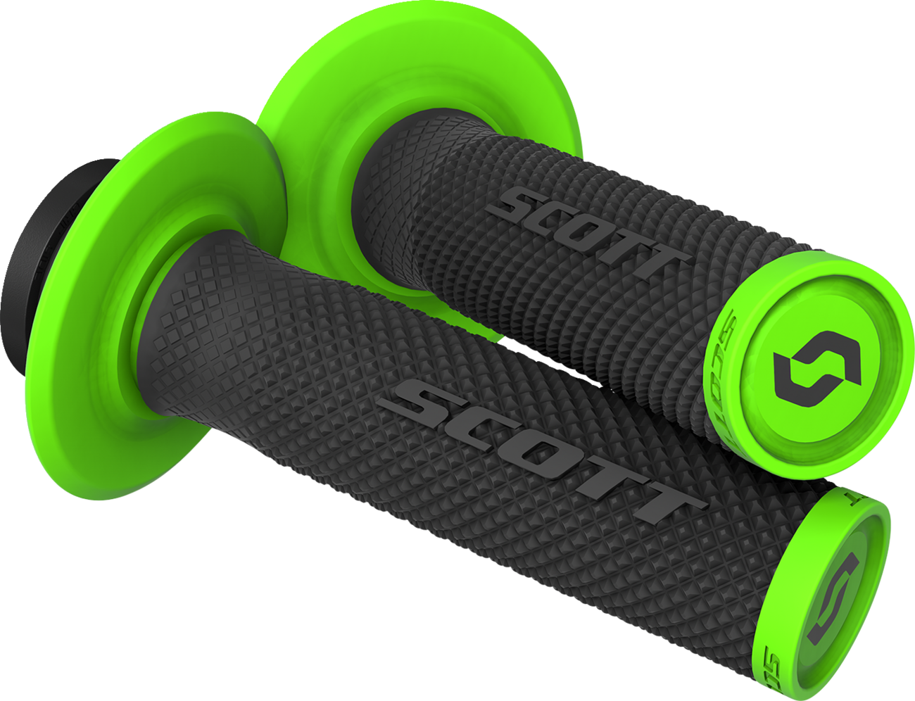 Scott SX II lock-on grips for motorcycle handlebars, black and green rubber grips with metal locking rings.