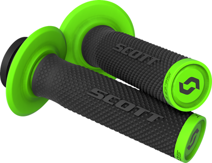 Scott SX II lock-on grips for motorcycle handlebars, black and green rubber grips with metal locking rings.