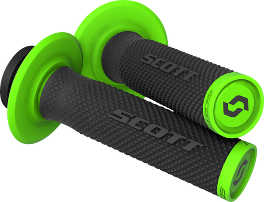 Scott SX II lock-on grips for motorcycle handlebars, black and green rubber grips with metal locking rings.