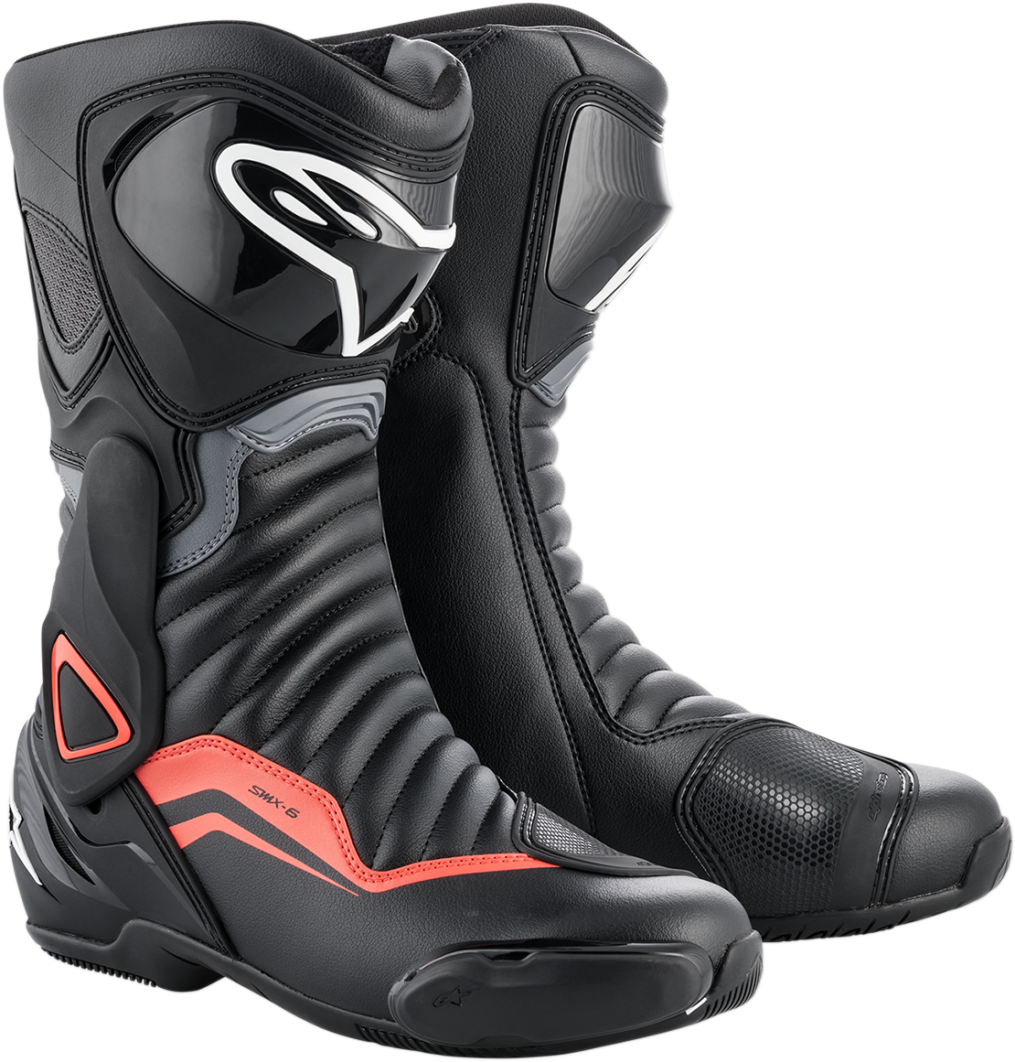 Alpinestars SMX-6 v2 motorcycle boots in black, gray, and red with US size 6.5, EU 40, featuring protective design and sturdy construction.