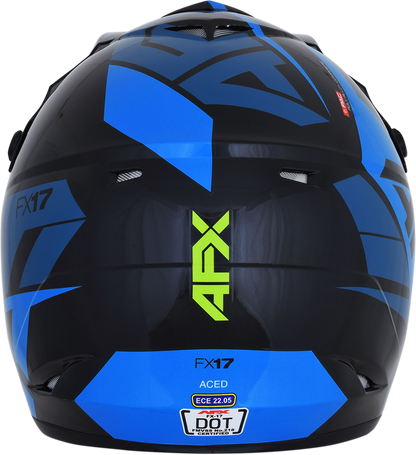 Blue and lime AFX FX-17 helmet in large size with Aced design, featuring a sleek motorcycle helmet from Bill's Exhausts.
