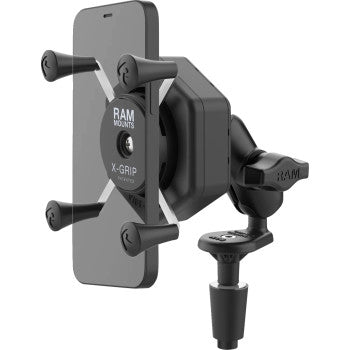 RAM MOUNTS X-Grip® Vibe Safe™ fork stem mount kit for motorcycle handlebars, shown on a motorcycle.