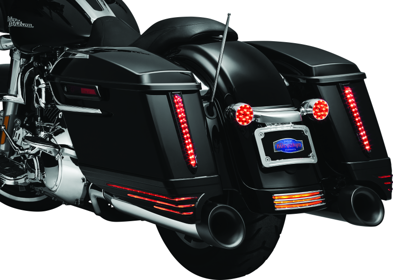 Kuryakyn chrome rear fender accents for Harley Davidson FLHX and FLTR models, adding stylish detail to motorcycle fenders.