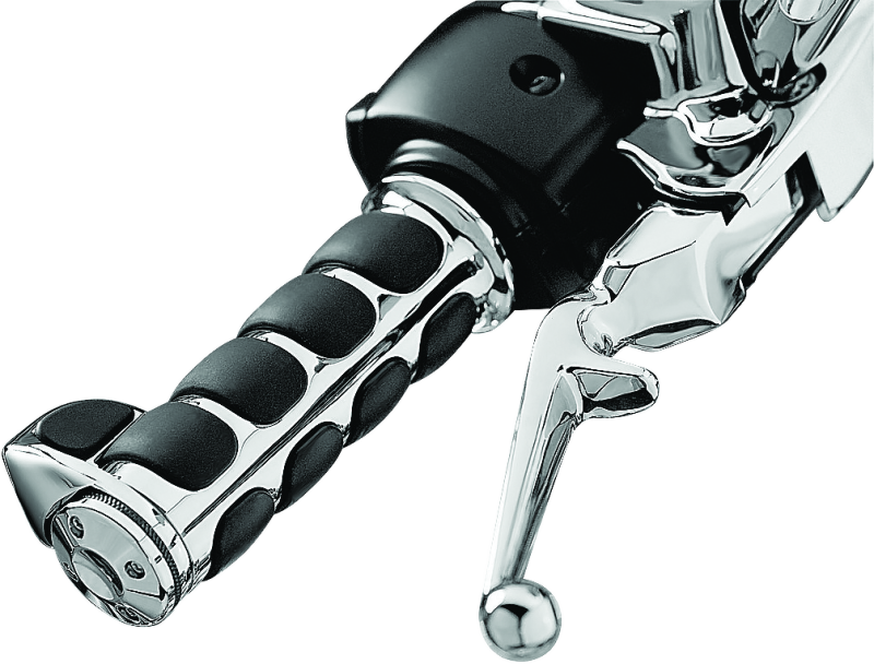 Kuryakyn ISO Grips with Throttle Boss for Throttle-By-Wire Systems in chrome finish, showing textured rubber grips and throttle control.