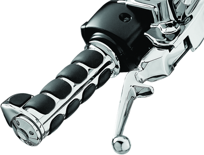 Kuryakyn ISO Grips with Throttle Boss for Throttle-By-Wire Systems in chrome finish, showing textured rubber grips and throttle control.