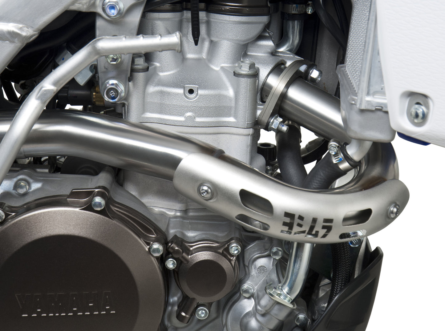 YOSHIMURA RS-4 motorcycle header and exhaust system with polished metal pipes and muffler, designed for performance and durability.