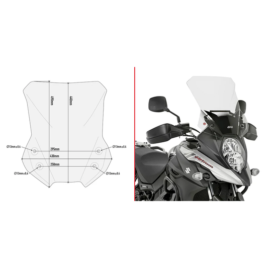 GIVI D3112ST clear motorcycle windshield mounted on Suzuki motorcycle, providing wind protection.