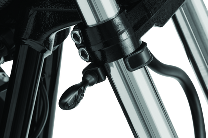 Kuryakyn Pipe Wrench Fork Mounts for 39mm to 49mm fork tubes with M8-1.25 threaded stud compatibility, shown mounted on motorcycle forks.