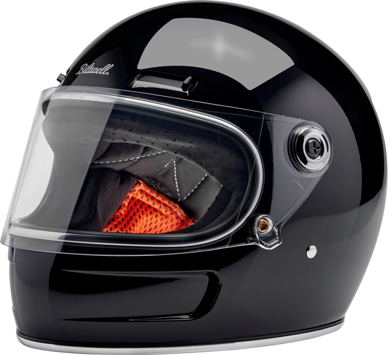 BILTWELL Gringo SV helmet in gloss black with XS size, featuring smooth aerodynamic design and secure chin strap.