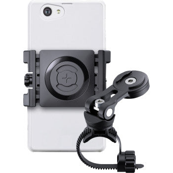 Bill's Exhausts SP CONNECT 52300 phone mount attached to a vehicle handlebar, showcasing secure smartphone attachment.