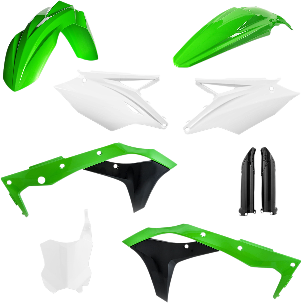 Acerbis full replacement motorcycle body kit in OEM green, white, and black with body panels and decals.