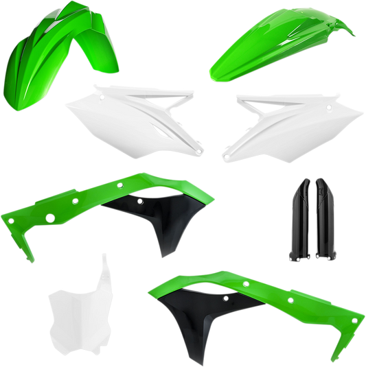 Acerbis full replacement motorcycle body kit in OEM green, white, and black with body panels and decals.
