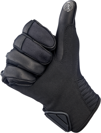 Bill's Exhausts BILTWELL Bridgeport Black Out Gloves in 2XL, showing durable black motorcycle gloves with textured palms and adjustable straps.