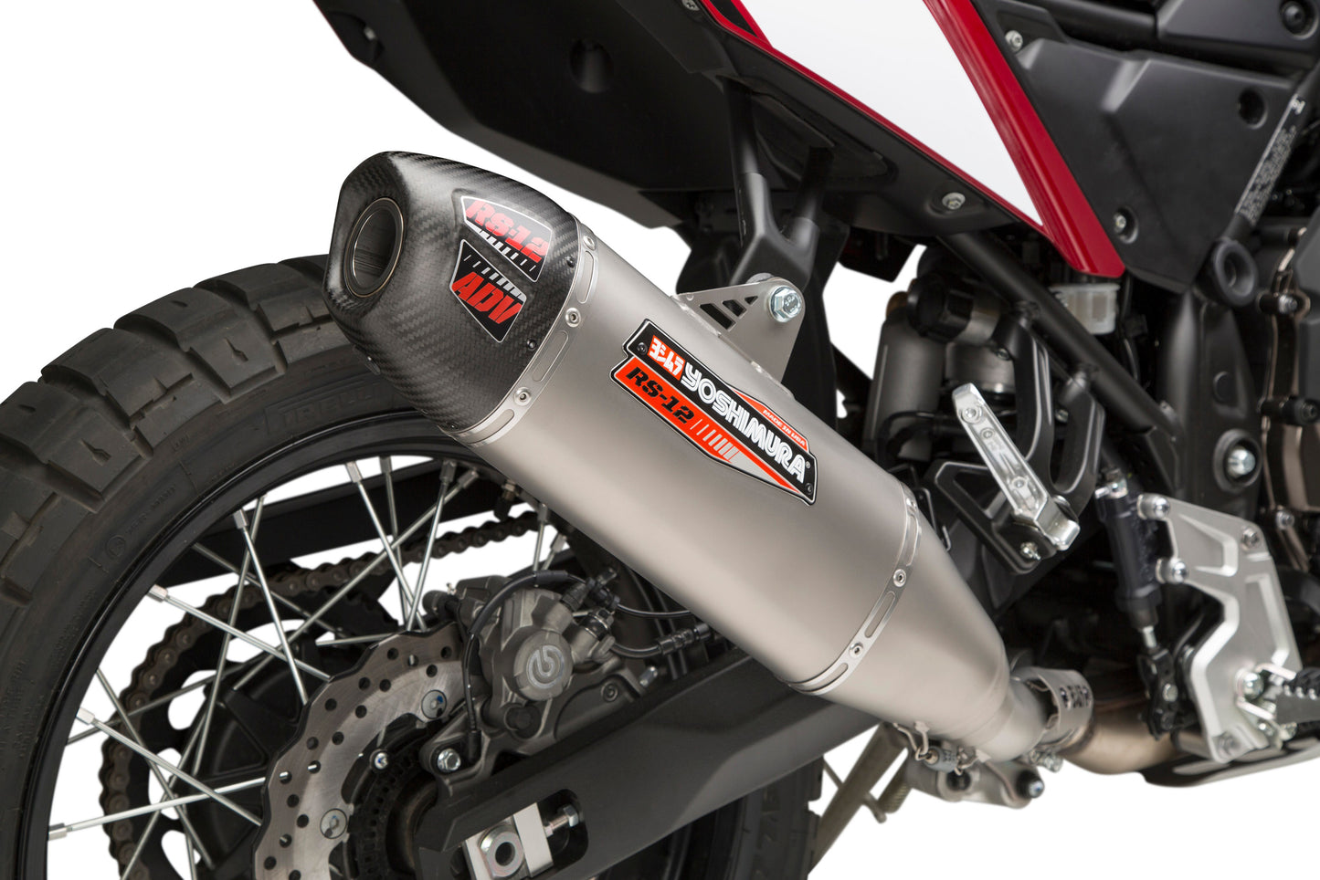 YOSHIMURA RS-12 slip-on exhaust for Yamaha motorcycle, shiny metal finish with branding and polished metal tip.