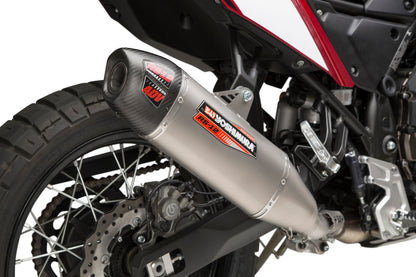 YOSHIMURA RS-12 slip-on exhaust for Yamaha motorcycle, shiny metal finish with branding and polished metal tip.