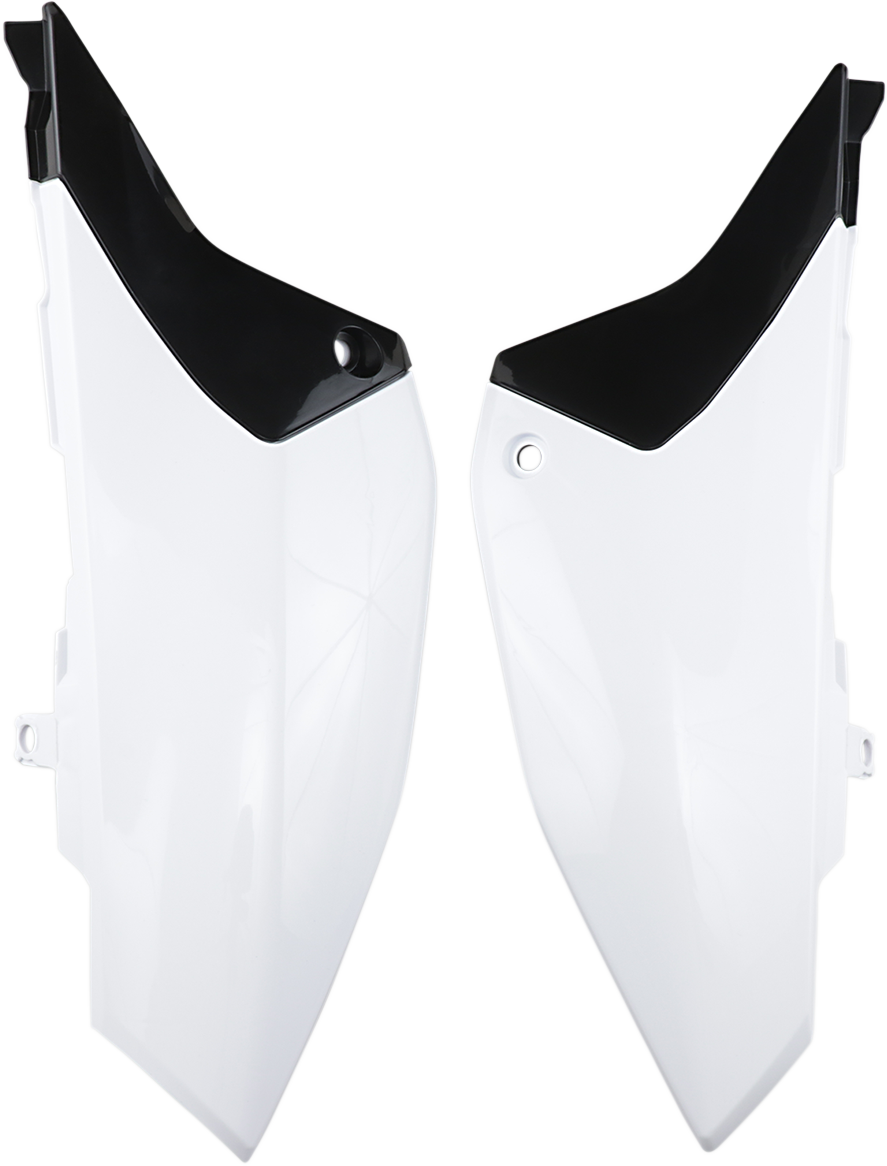 A pair of Acerbis white and black body side panels for motorcycle, featuring sleek design and brand logo on each panel.
