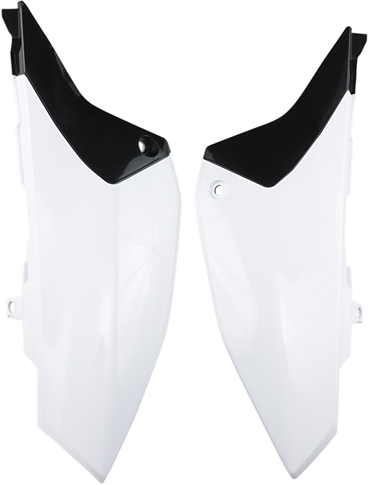 A pair of Acerbis white and black body side panels for motorcycle, featuring sleek design and brand logo on each panel.