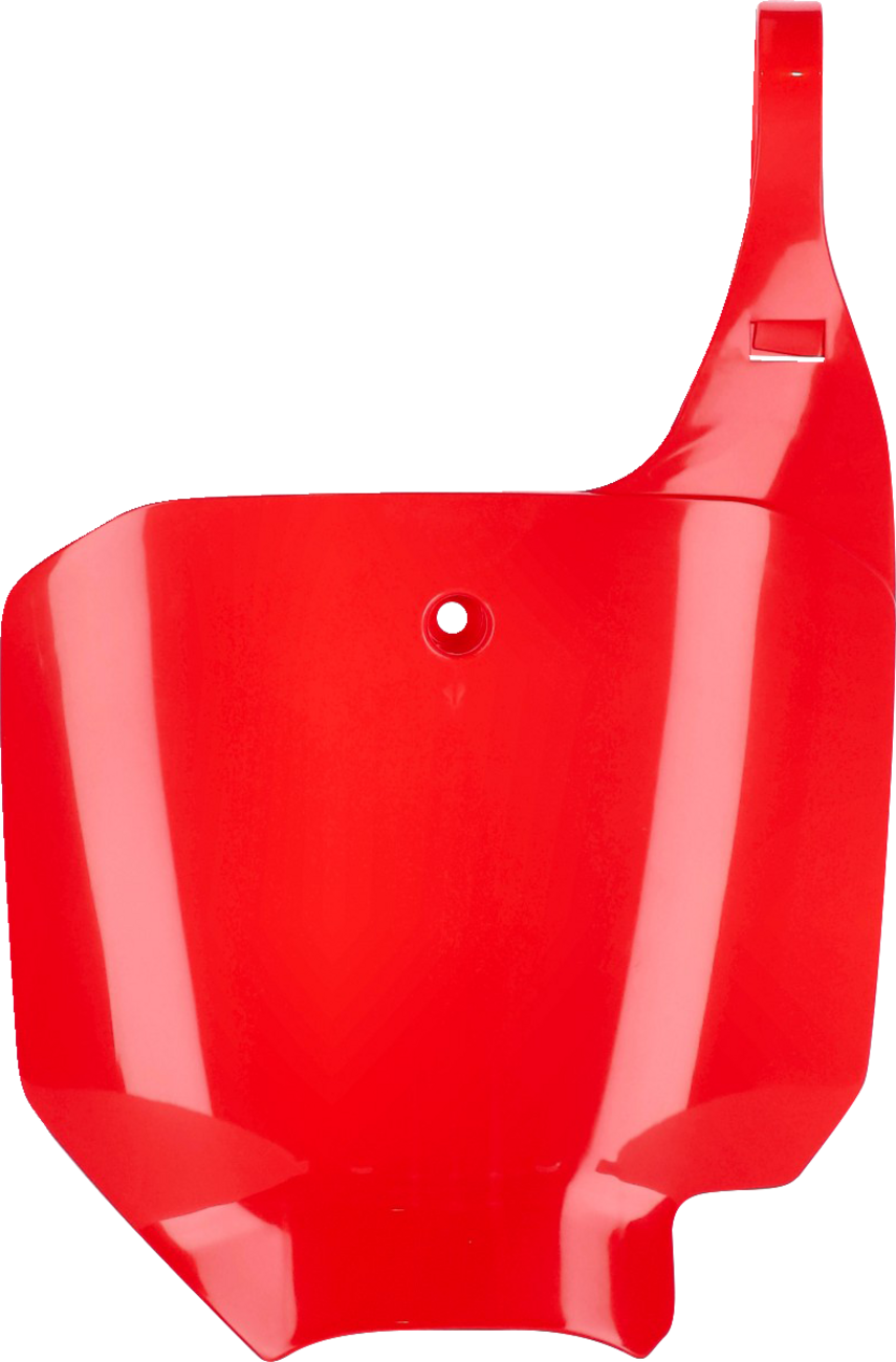 Acerbis front number plate for CRF150R motocross bike in red, compatible with 2007-2023 models, mounted on bike body.
