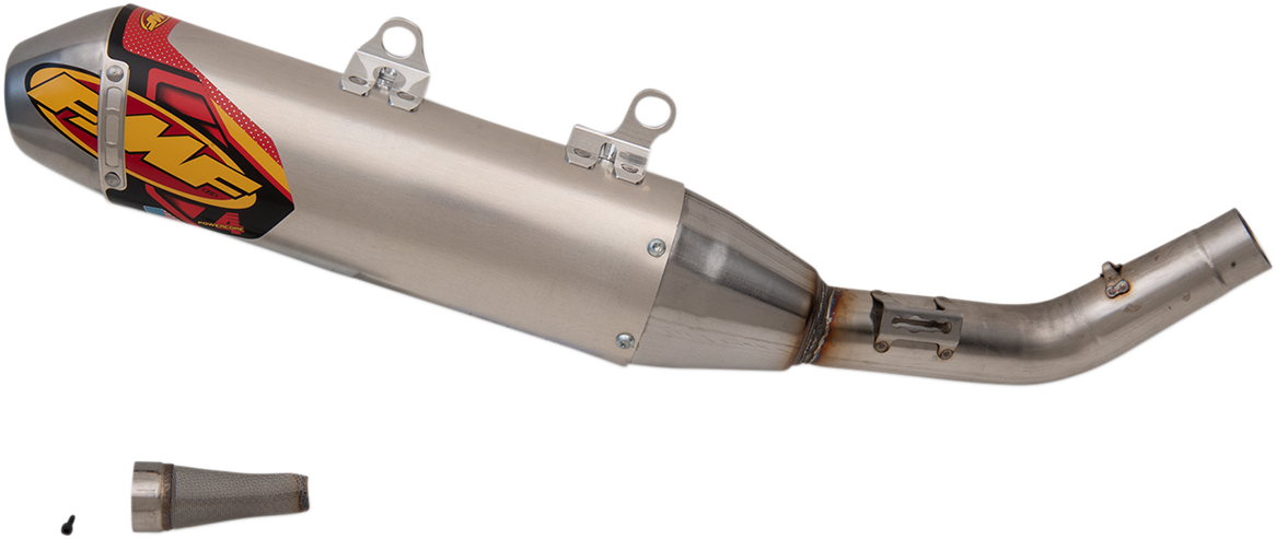 FMF PowerCore 4 HEX muffler for high-performance motorcycle exhaust system, showcasing durable construction and sleek design.