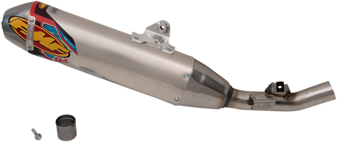 FMF Q4 HEX motorcycle muffler, high-performance exhaust system with sleek design, shown in the image.