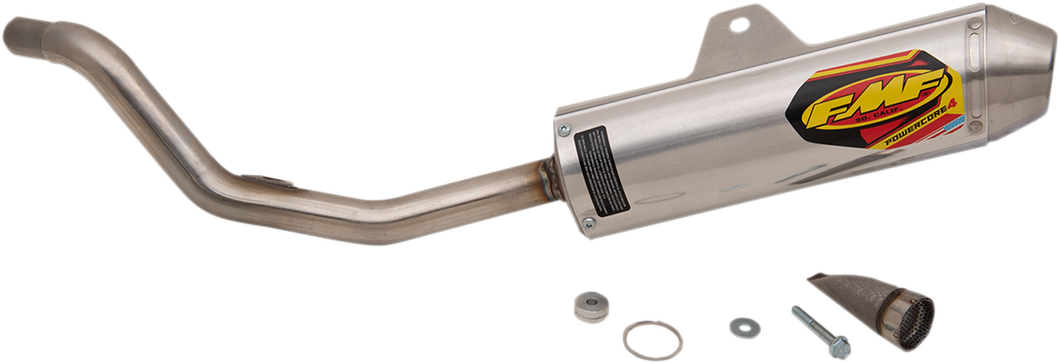 FMF Powercore 4 motorcycle muffler with high-performance exhaust design, showcasing the sleek, durable construction and branding.