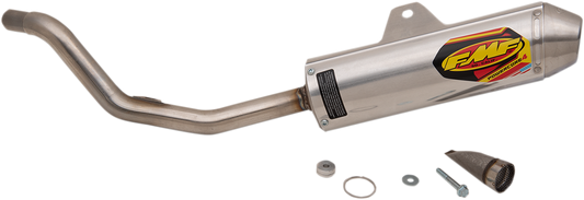 FMF Powercore 4 motorcycle muffler with high-performance exhaust design, showcasing the sleek, durable construction and branding.