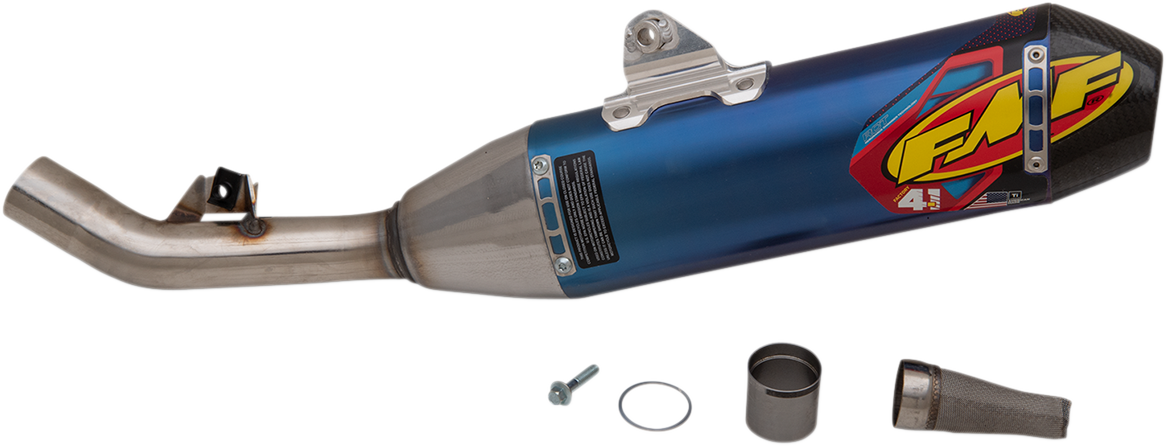 FMF Factory 4.1 RCT muffler in anodized titanium, showcasing sleek, lightweight motorcycle exhaust with branding details.