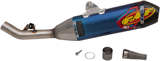 FMF Factory 4.1 RCT muffler in anodized titanium, showcasing sleek, lightweight motorcycle exhaust with branding details.