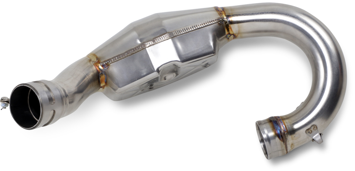 FMF MegaBomb header with Ti-metal construction, showcasing its robust design and powerful performance booster for motorcycle exhaust systems