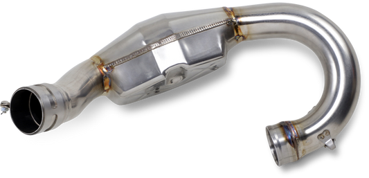 FMF MegaBomb header with Ti-metal construction, showcasing its robust design and powerful performance booster for motorcycle exhaust systems