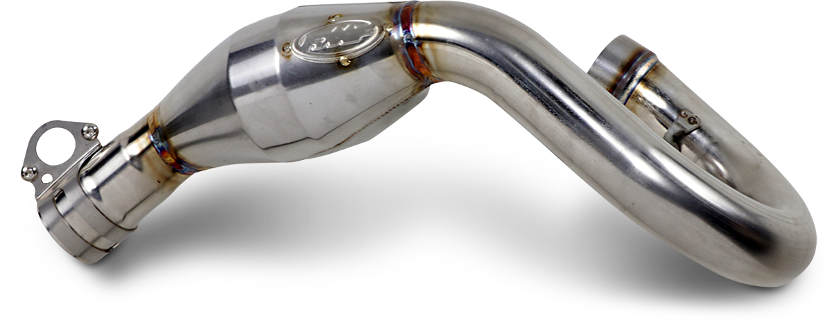FMF MegaBomb Ti-Metal Power Booster motorcycle exhaust header showing polished titanium construction and detailed design features.