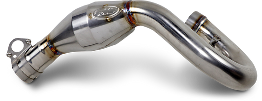 FMF MegaBomb Ti-Metal Power Booster motorcycle exhaust header showing polished titanium construction and detailed design features.
