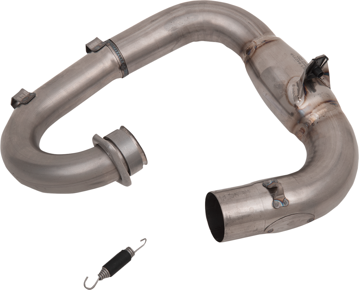 FMF Megabomb header with midpipe in titanium for motorcycle exhaust upgrade, showcasing sleek metallic finish and precision craftsmanship.